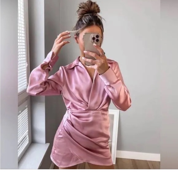 Zara mini dress satin effect drapped long sleeve pink party wedding coctail - Picture 3 of 10